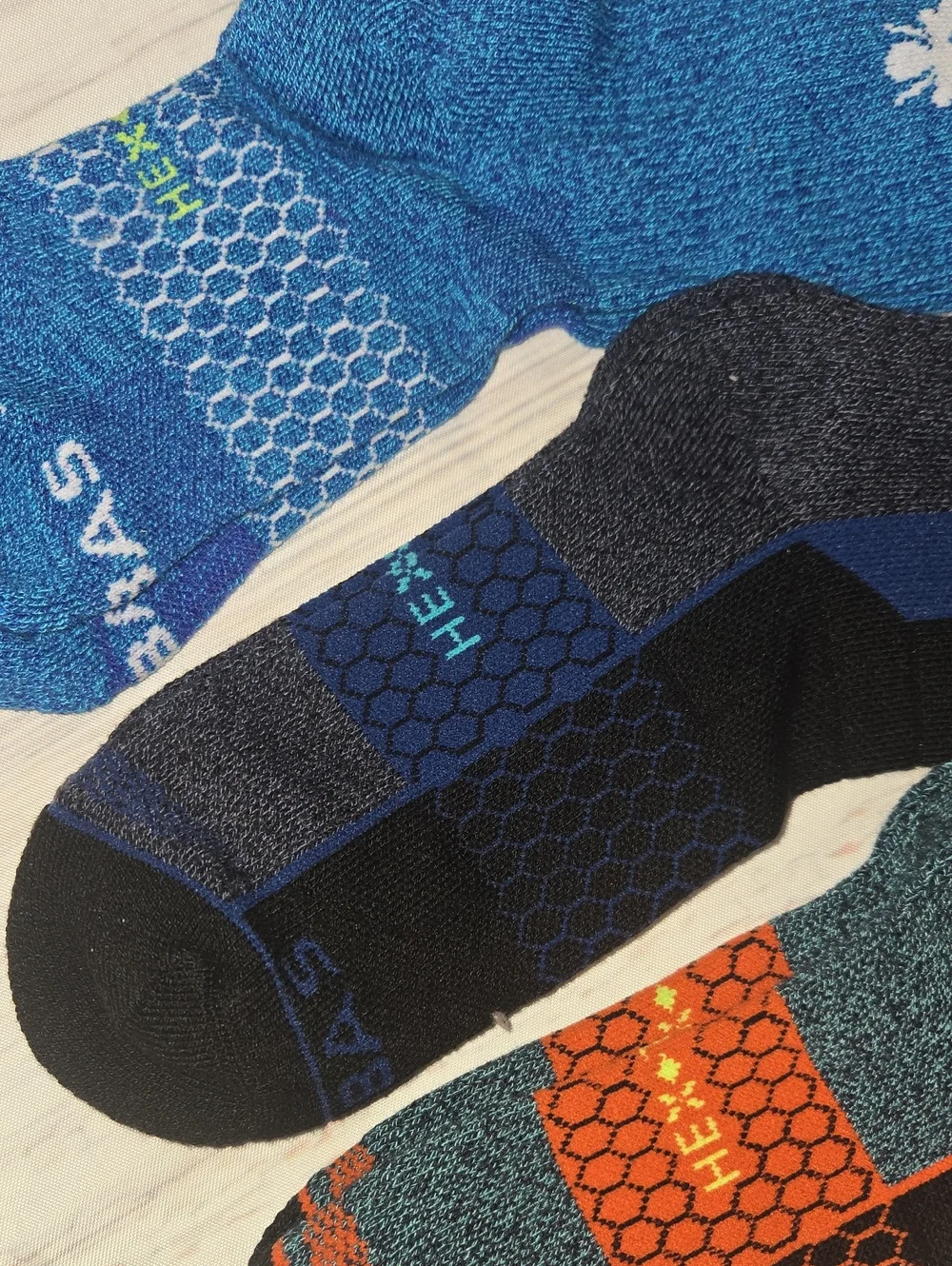 Bombas Performance Crew Socks - Blue, Black, Orange Medium New